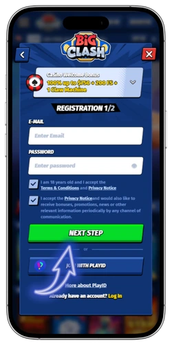 BigClash Casino first registration step showing email and password input fields with Next Step button