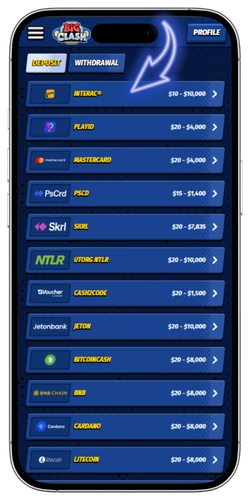 BigClash Casino first deposit page with payment method selection