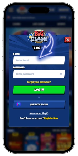 BigClash account credentials form with email and password fields