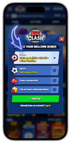 BigClash welcome bonus selection screen displayed at the start of the sign-up flow