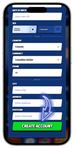 BigClash sign-up second step with full name, phone number, and physical address fields before Create Account