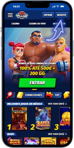 Site oficial BigClash com o botão Iniciar Sessão no canto superior direito
