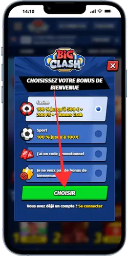 BigClash écran de sélection du bonus de bienvenue