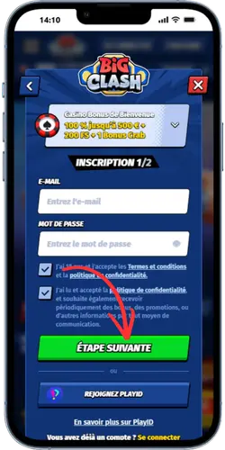 BigClash première étape inscription e-mail et mot de passe