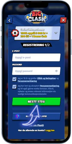 BigClash Casino første registreringssteg med e-post og passordfelter og Neste steg-knapp