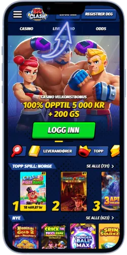 BigClash offisielt nettsted med Logg inn-knappen øverst til høyre