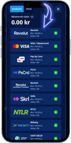 BigClash Casino første innskudd side med valg av betalingsmetode