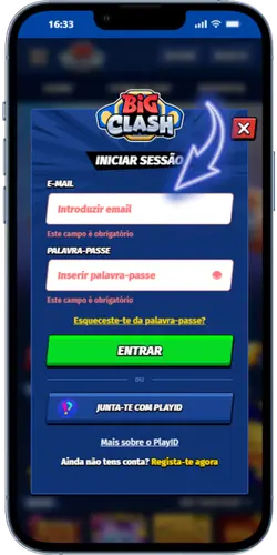 Formulário de credenciais BigClash com campos de e-mail e palavra-passe