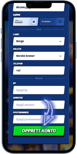 BigClash registrering steg to med navn, telefonnummer og adressefelter før Opprett konto