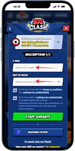 BigClash première étape inscription e-mail et mot de passe