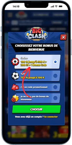 BigClash écran de sélection du bonus de bienvenue