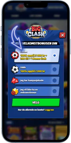 BigClash velkomstbonus-valg skjerm vist ved starten av registreringsflyten