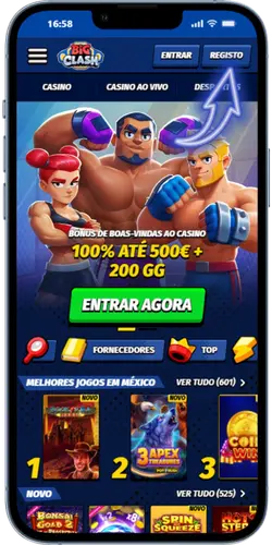 Página inicial BigClash Casino com o botão Registar em destaque no canto superior direito