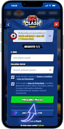 Primeira etapa de registo BigClash Casino com campos de e-mail e palavra-passe e botão Próximo passo