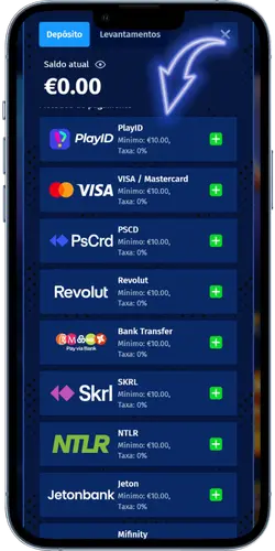 Página de primeiro depósito BigClash Casino com seleção de método de pagamento