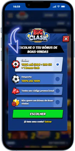 Ecrã de seleção de bónus de boas-vindas BigClash apresentado no início do fluxo de registo